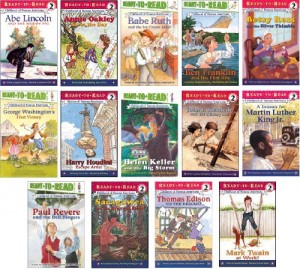 Ready to Read Level Two Childhood of Famous Americans Series Set of 14 Volumes Including Abraham Lincoln, Sacagawea, Mark Twain, Thomas Edison, Babe Ruth, Martin Luther King Jr., Paul Revere, Annie Oakley, John F. Kennedy, and George Washington