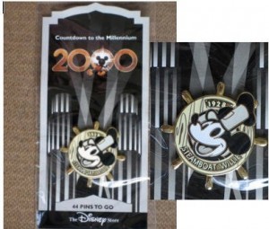 STEAMBOAT WILLIE-Mickey Mouse (#45 in this series) PIN from ‘COUNTDOWN TO THE MILLENIUM’ Walt Disney collection. In 1999, Disney company produced 100 different character pins from Disney movies & cartoons.Almost all disappeared off shelves quickly & now (almost 10 years later) quite scarce.Pin depicts MICKEY MOUSE in his first screen appearance-still factory sealed in original wrapper, never opened, pristine mint condition